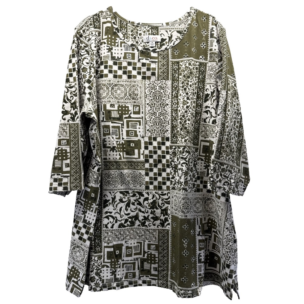Denim & Co Women's Tunic Top Size 1X Plus Green White Paisley Patchwork Pullover
